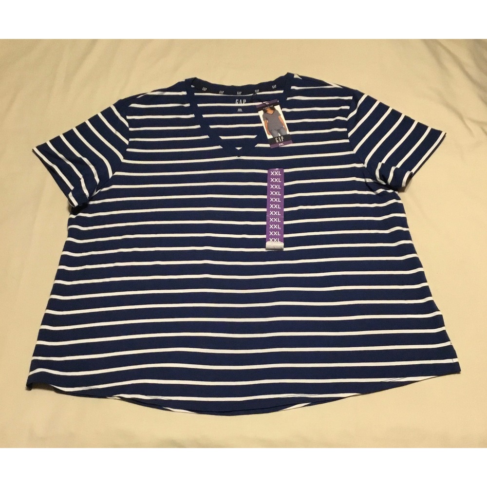 GAP Navy Blue White Stripe V Neck T Shirt Top Plus‎ Size XXL